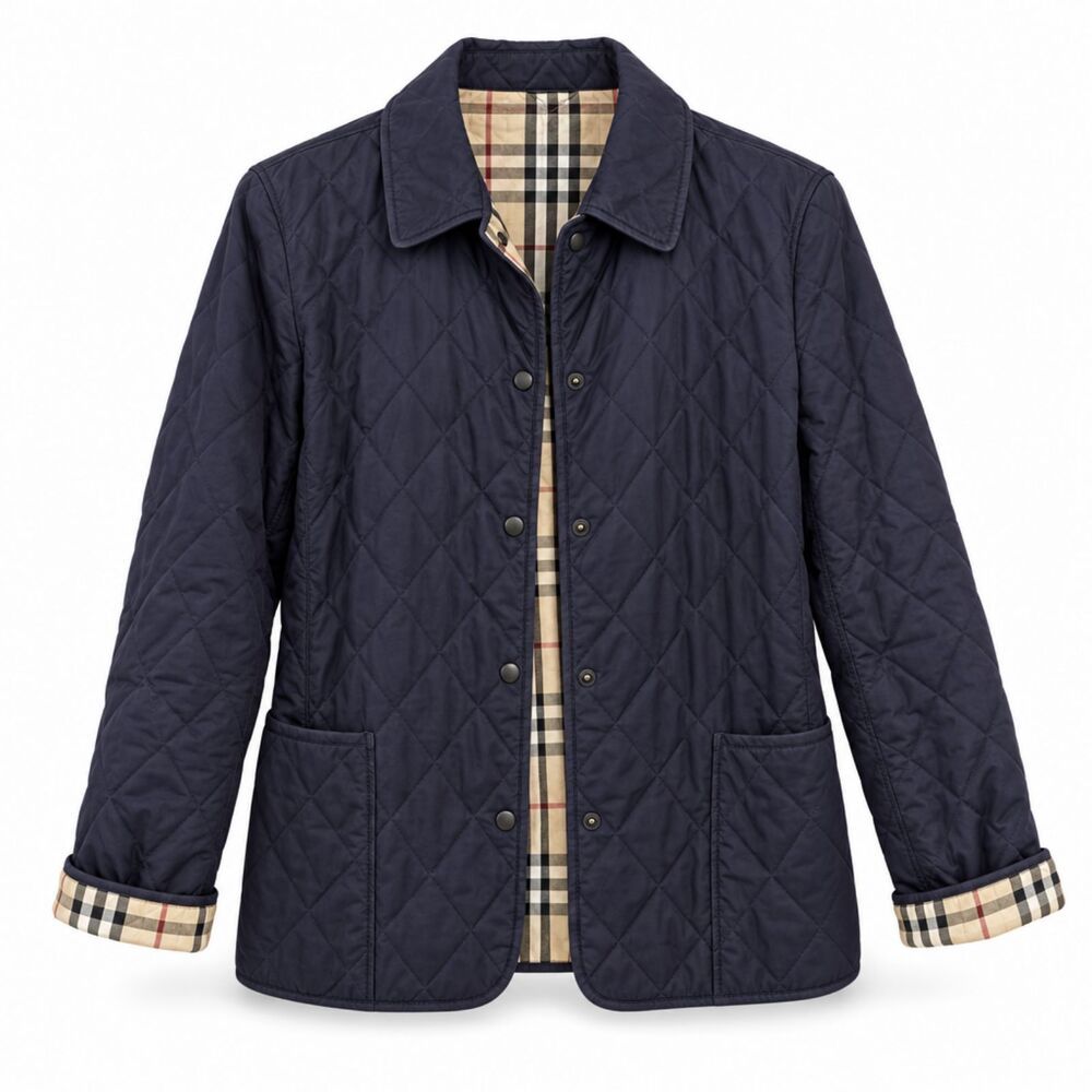 Burberry Quilted Jacket Women's Large, Navy Blue Diamond Quilt, Nova Check Trim